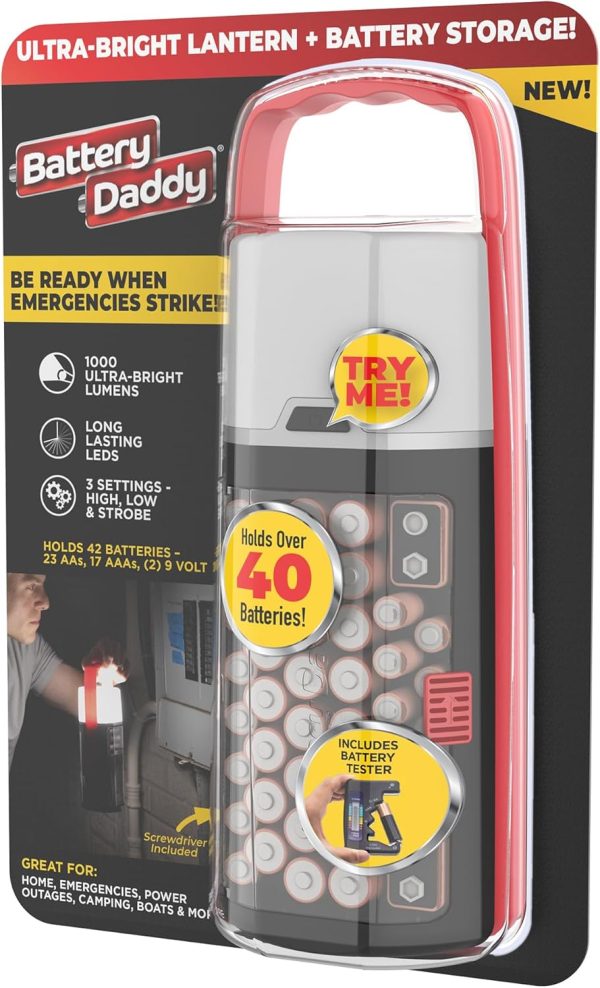 Battery Daddy Lantern, 2-in-1 Battery Powered Lamp & Battery Organizer, Ultra-Bright 1,000 Lumens Utility Light, Stores & Protects Up to 42 Batteries, Includes Battery Tester & Screwdriver