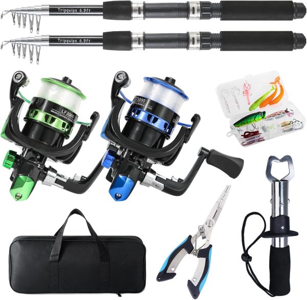 Fishing Rod, 2PCS Telescopic Fishing Rod and Reel Combo with Fishing Pliers and Lip Gripper, Pre-Loaded Spinning Reel Combo, Fishing Pole with Carrier Bag Fishing Gear