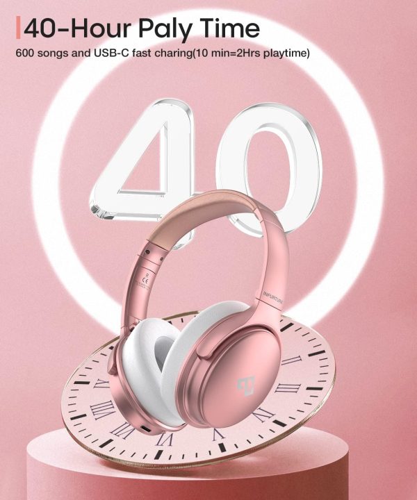 INFURTURE Rose Gold Active Noise Cancelling Headphones with Microphone Wireless Over Ear Bluetooth, Deep Bass, Memory Foam Ear Cups, Quick Charge 40H Playtime, for TV, Travel, Home Office - Image 4