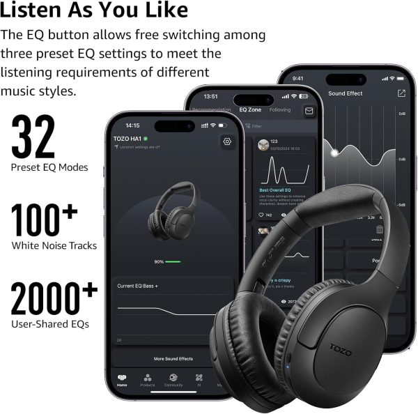 TOZO Bluetooth 5.4 Over Ear Headphones, ENC Call Noise Cancelling Mic, Foldable Wireless Headset, 70H Playback, Deep Bass Stereo Sound, Customizable EQ via Button & App, for Travel and Home, Upgraded - Image 8